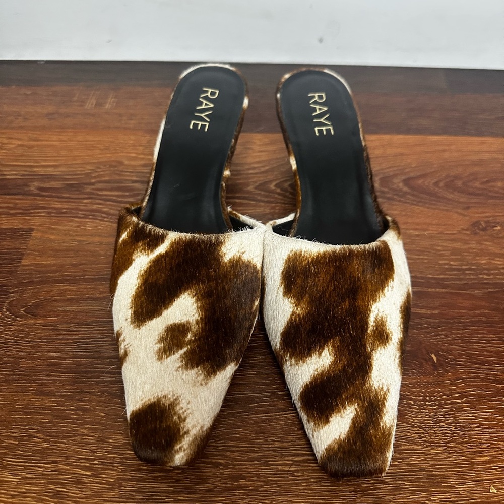 RAYE Calf Hair Mules in Brown and Cream women’s Sz. 7